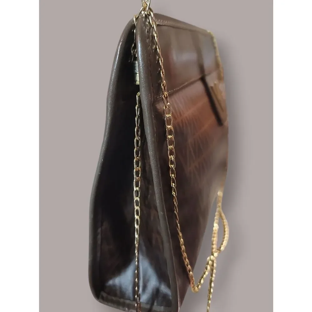 Mario Valentino Authentic Brown Monogram Clutch with Gold Chain Vintage